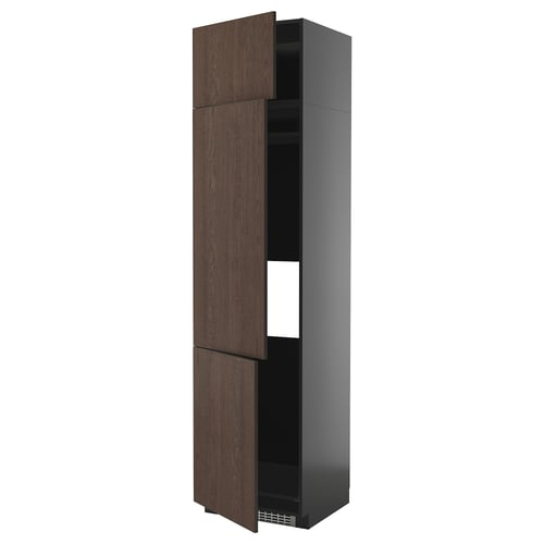 Moderne donkerbruine keukenkast, hoog, strak, 2 deuren, verstelbare planken.