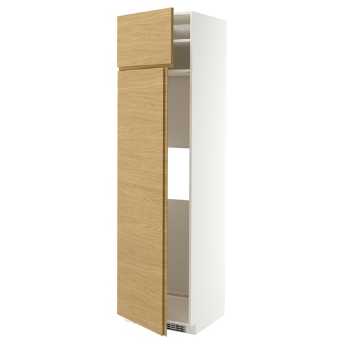METOD Hoge kast koelkast / vriezer&2 deur, wit/VOXTORP eikeneffect verticale greep, 60x60x220 cm