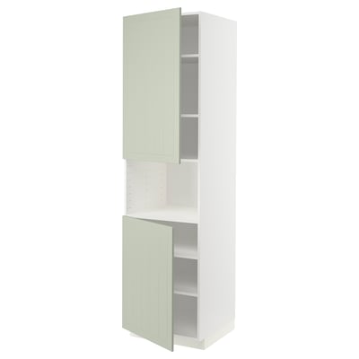 METOD keukenblok in groen met wit frame, hoog, twee open legplanken.