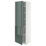 Moderne hoge METOD kast met grijsgroene glanzende deur en witte omlijsting.