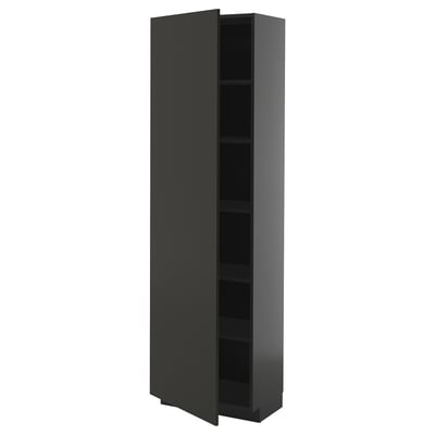 Ikea METOD: hoge zwarte kast met verstelbare planken, enkele rechtsdraaiende deur, meerdere vakken.