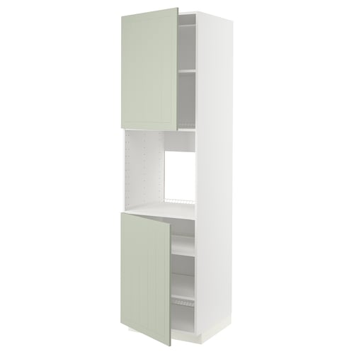 Ikea METOD keukenkast in het groen met twee open deuren en planken.