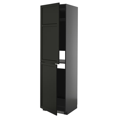 Hoge zwarte keukenkast met twee deuren, strak modern design, stalen scharnieren, verstelbare planken.