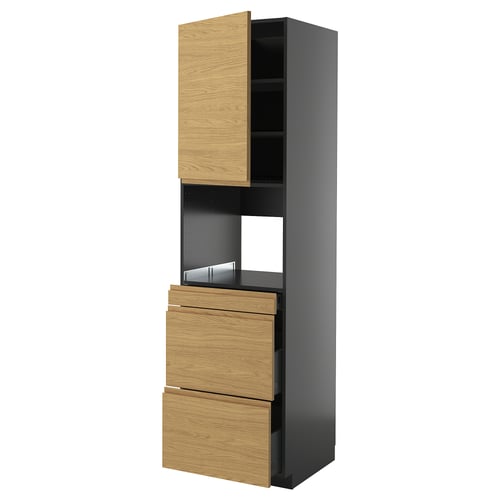 METOD / KNIVSHULT Hoge kast combimagn&deur/3 lades, zwartgrijs/Voxtorp eikenpatroon, 60x60x220 cm