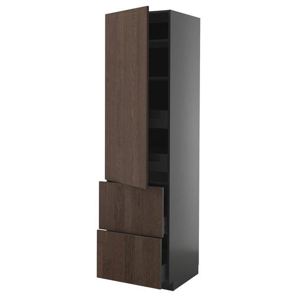 METOD keukenblok, hoge donkerhouten kast met drie lades, modern design.