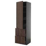METOD keukenblok, hoge donkerhouten kast met drie lades, modern design.