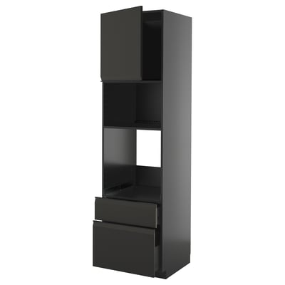 Zwarte keukenkast met lades en planken van ikea.