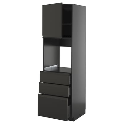 Moderne zwarte hoge kast met drie lades, strak design, metalen handgrepen.