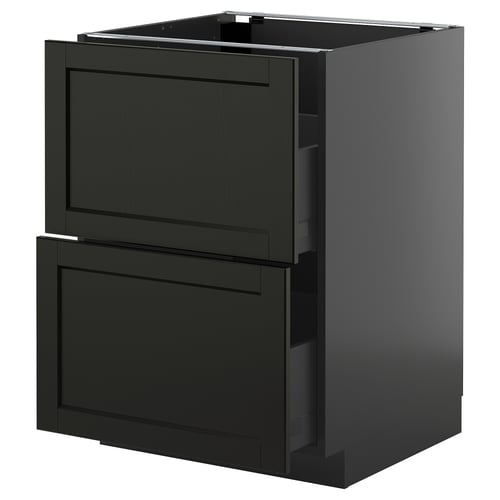 Modern zwart keukenblok met twee lades, strak design, hoogwaardige ladeloop.
