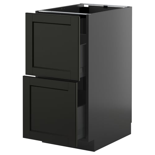 Zwart gebeitste houten keukenkast met twee lades en een grote deur.