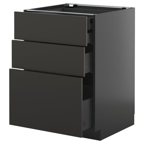 Modern donkergrijs keukenladeblok, met drie grote strakke lades.