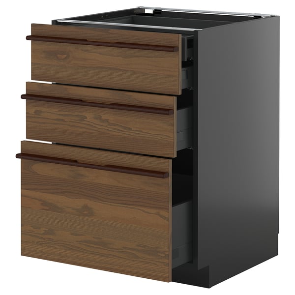 Modern keukenblok, donkergrijs en bruin, drie houten lades, strakke handgrepen, stoer design.