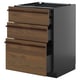 Modern keukenblok, donkergrijs en bruin, drie houten lades, strakke handgrepen, stoer design.