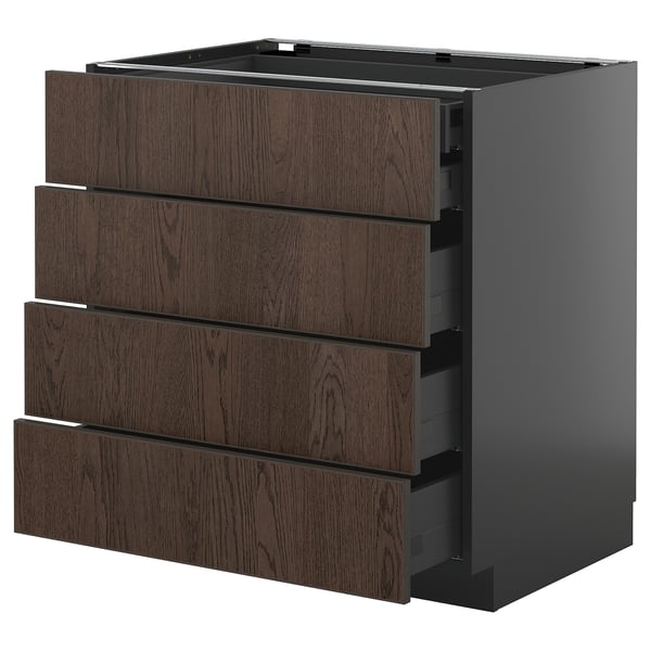 METOD keukenblok: donkerbruine houten lades, strak zwart frame, modern design.