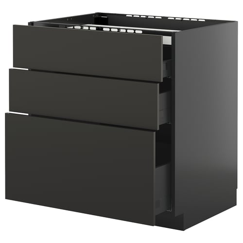 Modern zwart METOD keukenblok met drie lades, glanzende afwerking, rechthoekige vorm.
