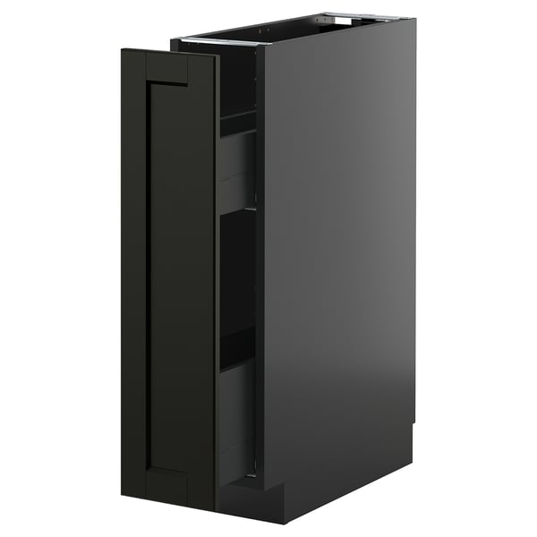 Een zwart METOD opbergmeubel met een strak design en afgeschuinde randen. Het is een uittrekbare lade voor gemakkelijke toegang.