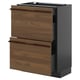 Houten lades met metalen geleiders, grijs kastframe, modern design.