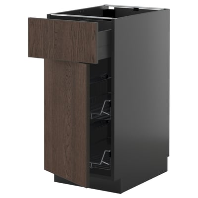 Moderne keukenkast, donkerbruin met houtnerf, strak design, plat paneel, inclusief roosters.