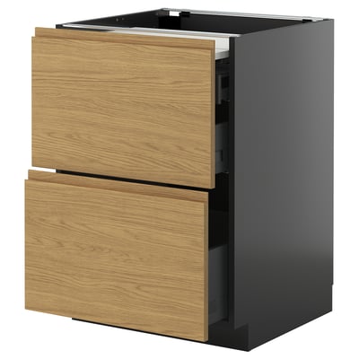 Modern keukenblok met twee lades in houtlook en een donker frame.