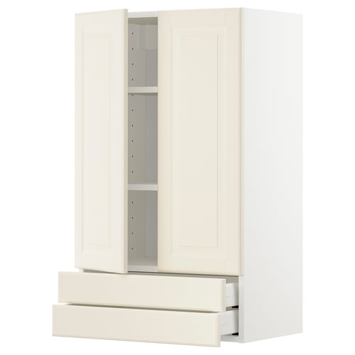 Crèmewit METOD keukenblok met 2 lades en 2 planken, modern afgeschuind design.