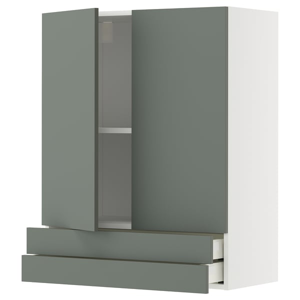 Een moderne keukenkast in een gedempte groengrijze kleur, met twee deuren en twee lades met een strak, minimalistisch design.