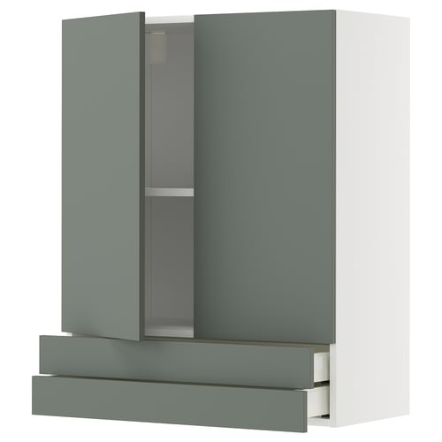 Een moderne keukenkast in een gedempte groengrijze kleur, met twee deuren en twee lades met een strak, minimalistisch design.