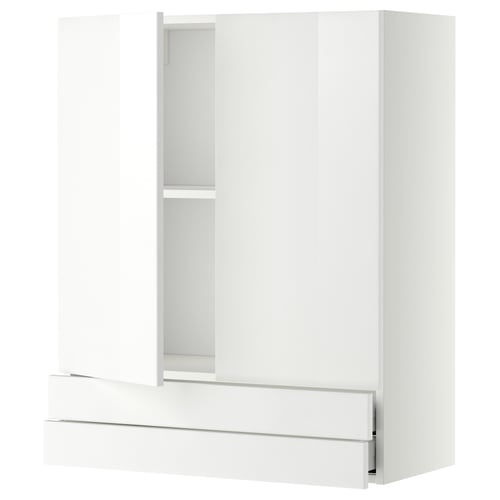 Stelt een witte METOD keukenkast voor met hoogglans afwerking. Het is een gladde lade en een verstelbare plank.