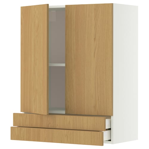 Een lichtbruine eikenhouten METOD kast met twee deuren en twee lades. Het heeft een modern design met een strakke, minimalistische uitstraling.