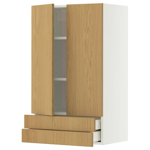 METOD / MAXIMERA Bovenkast met 2 deuren/2 lades, wit/Sinarp eikenfineer, 60x100 cm