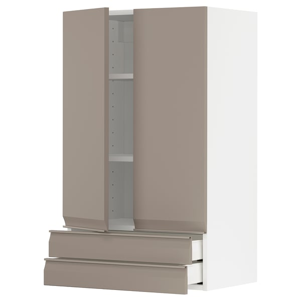 Moderne grijs-beige keukenkast met handvat, slank design, opbergruimte van vloer tot plafond.