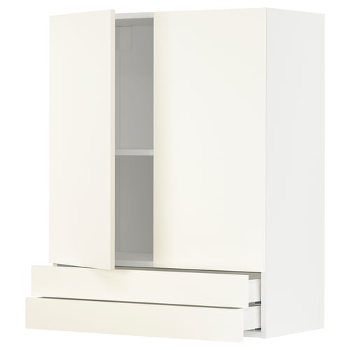 Een witte METOD keukenkast met lades en planken. Het heeft een modern, strak ontwerp met gladde oppervlakken en een horizontale handgreep op de lade.