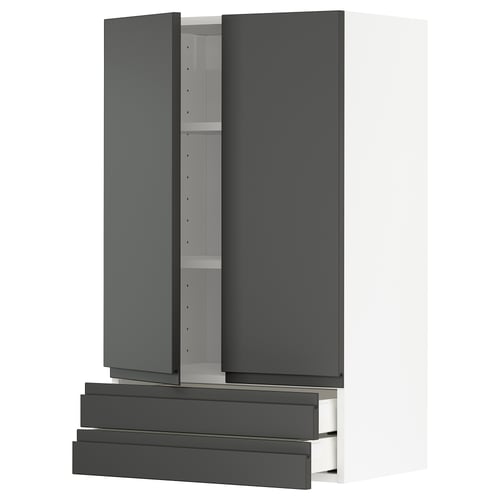 Modern grijs keukenblok met kasten en lades, strak design.
