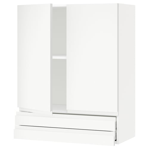 Moderne witte keukenkast met strak, minimalistisch design en gladde ladefronten, voorzien van twee deuren en een verstelbare plank.