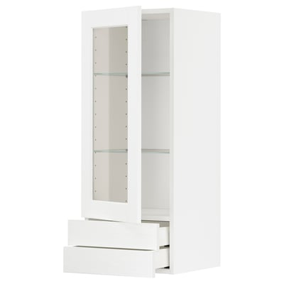 Moderne witte keukenkast met glazen deuren, voorzien van lades en plank.