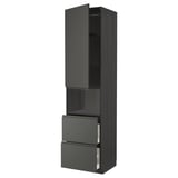 Modern zwart keukenblok, hoog met 2 open lades, vlakke deur, strak design.