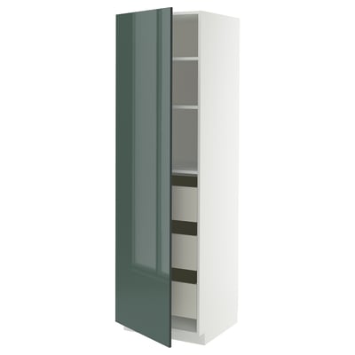 Moderne hoge keukenkast met hoogglans groene deur, verstelbare legplanken, gladde lade en metalen scharnieren.