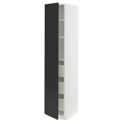 Moderne hoge zwart-witte kast, links of rechts open. Verstelbare plank, langzaam sluitende lades en strak ontwerp.