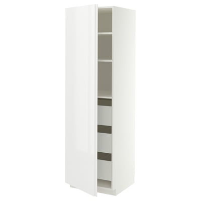 METOD / MAXIMERA Hoge kast met lades, wit/VOXTORP hoogglans wit verticale greep, 60x60x200 cm