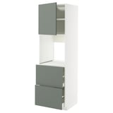 Moderne keukenkast met mat grijsgroene deuren, voorzien van lades en verstelbare plank, strak design.