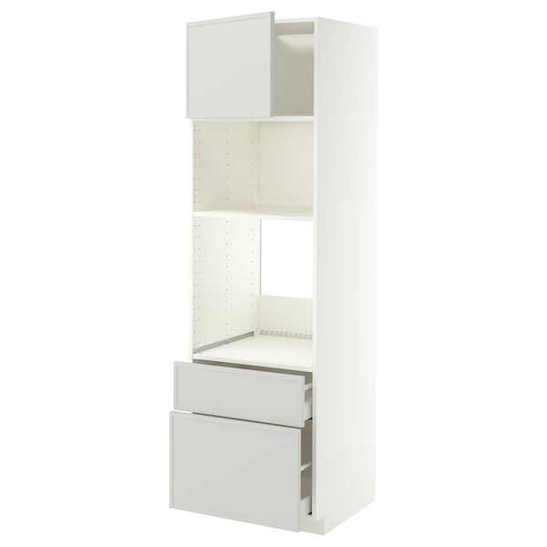 METOD / MAXIMERA Hoge kast oven/magn & deur/2 lades, wit/Aspudden lichtgrijs, 60x60x200 cm