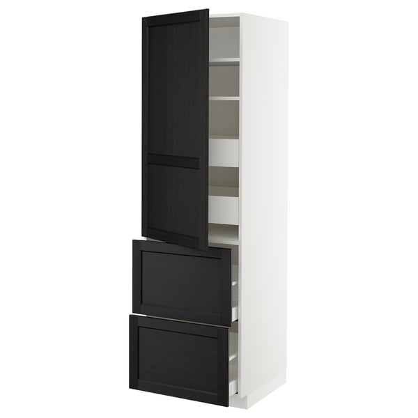 Moderne keukenkast: wit & zwart, hout, hoog, planken & laden.