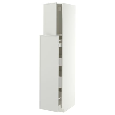 METOD / MAXIMERA Hoge kast + uittrekf 1 deur/4 lades, wit/Aspudden lichtgrijs, 40x60x200 cm