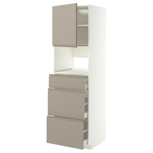 Moderne keuken: METOD-kast , grijs-beige, handgrepen, open lades, planken.