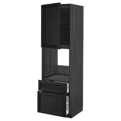 Zwarte keukenkast met planken en lades, modern design.