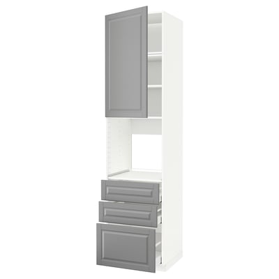 METOD keukenblok met grijze afgeschuinde deuren en lades, wit frame, strak modern design.