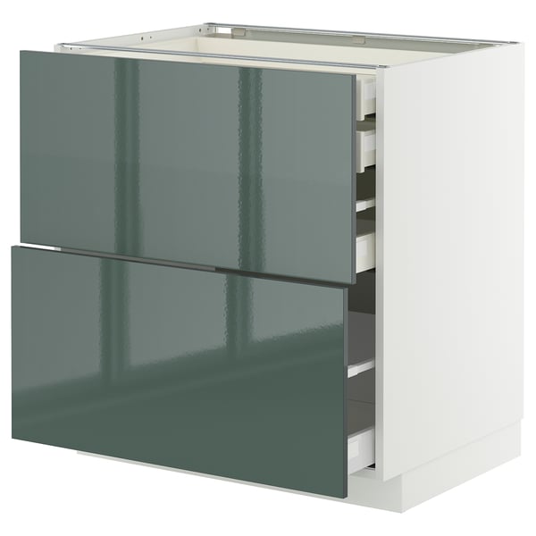 Modern keukenblok in hoogglans grijsgroen met meerdere lades, strak design.