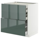 Modern keukenblok in hoogglans grijsgroen met meerdere lades, strak design.