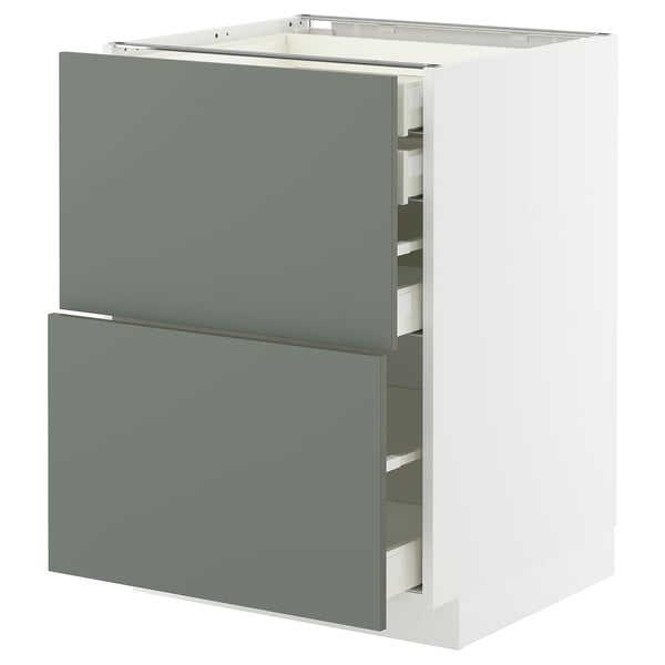 Een grijsgroene METOD kast met witte lades, onderdeel van het ikea keukensysteem.