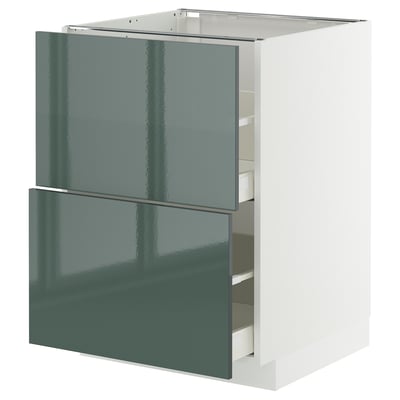 Moderne keukenkast METOD met hoogglans grijsgroene kallarp fronten, vierkante vorm, twee lades, strak design, metalen handgrepen.