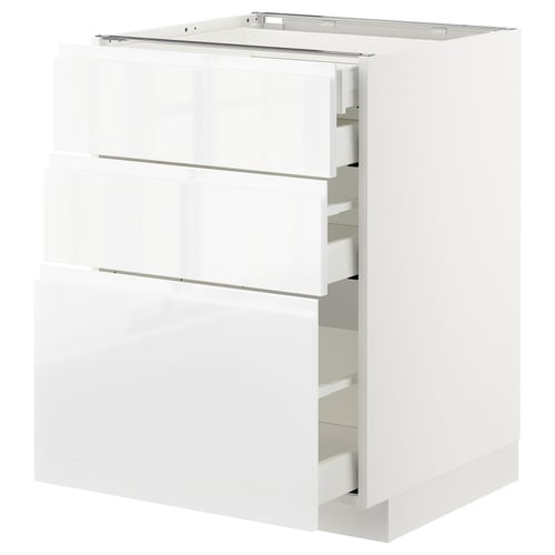 Witte hoogglans keukenkast met drie open lades, strak modern design.